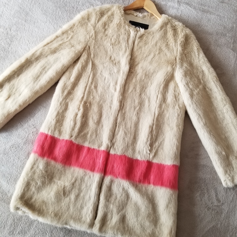 Unreal Fur Cream Faux Fur Coat with Pink Stripe